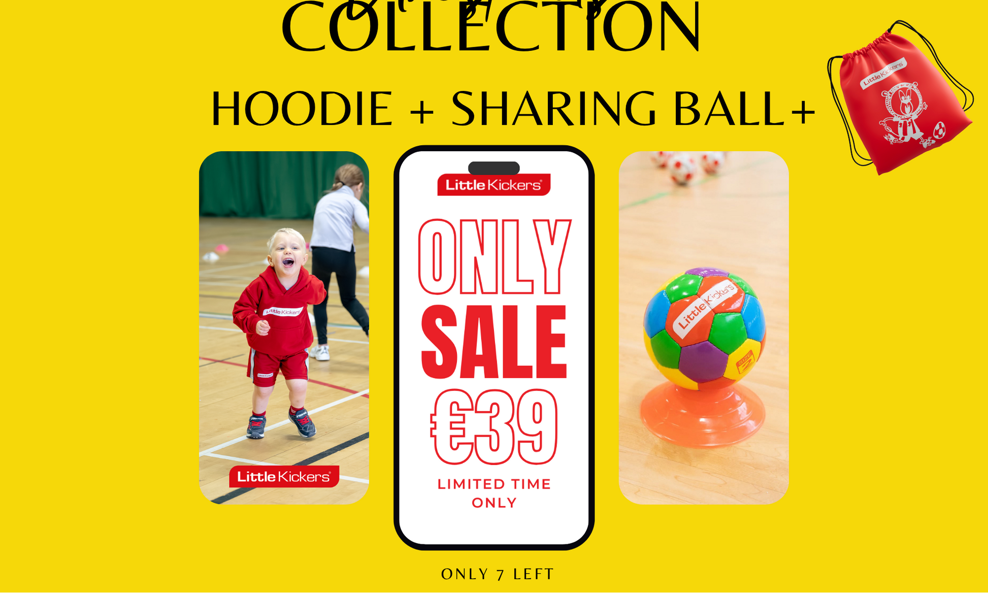 Advertisement for a collection featuring a hoodie and sharing ball and bag with promotional text on a yellow background.